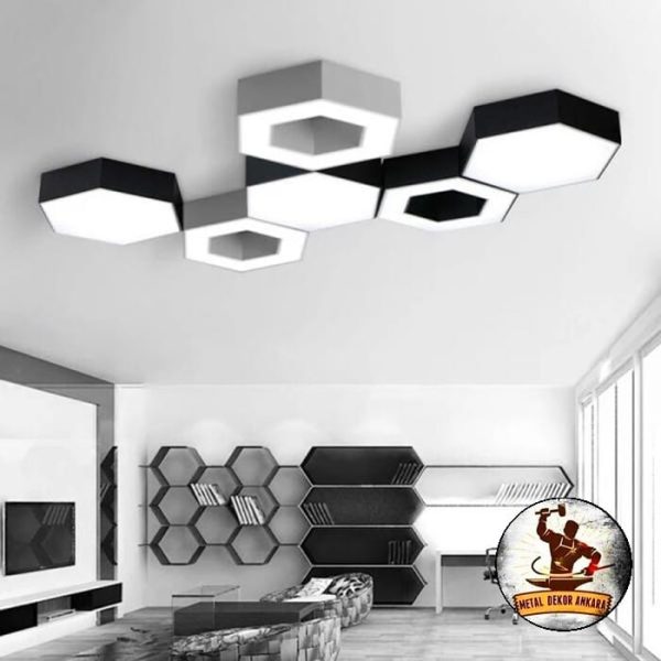 Altıgen petek desenli siyah beyaz LED panel avize