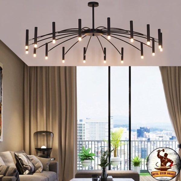 Şemsiye tarzı çok kollu siyah salon avizesi