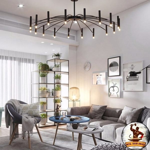 Şemsiye tarzı çok kollu siyah salon avizesi