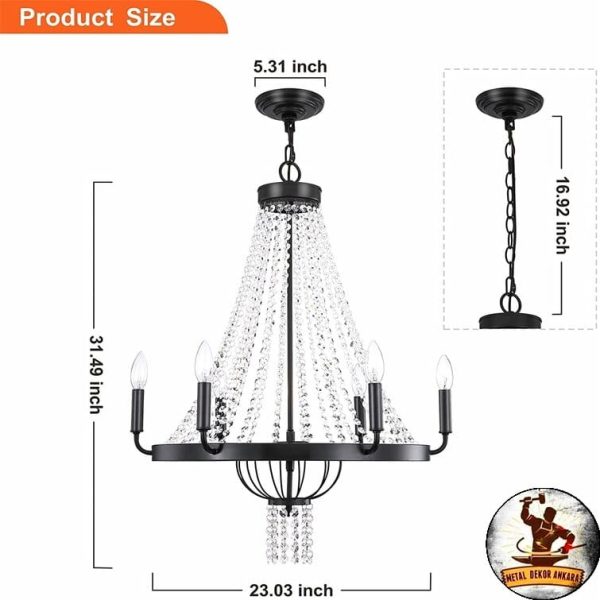 Siyah metal gövdeli, mum tipi ampullü, zincirle sarkan kristal detaylı klasik avize