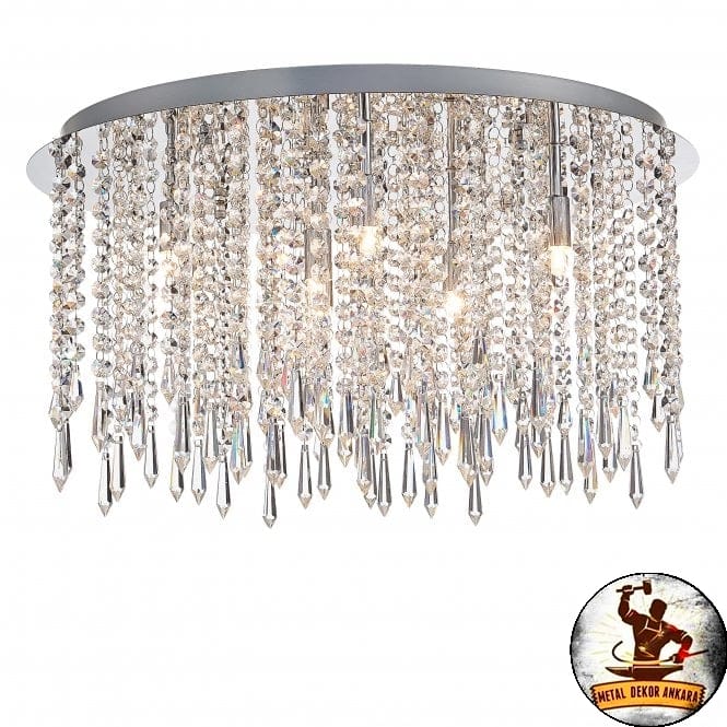 Krom üst barlı, sarkan kristal dizili yarım daire mini avize