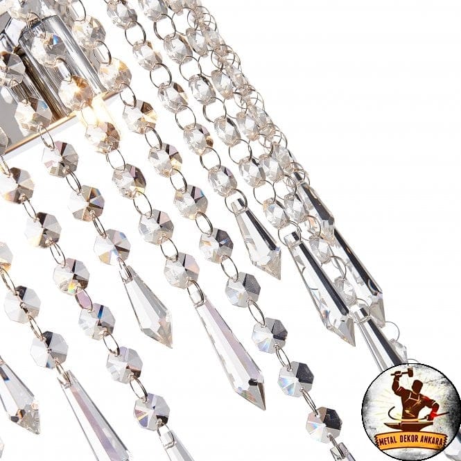 Krom üst barlı, sarkan kristal dizili yarım daire mini avize