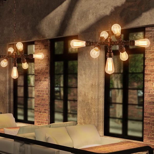 7 kollu boru avize modeli, pas rengi su borusu gövdeli rustik kafe ve loft salon aydınlatması