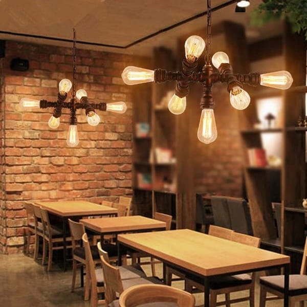 7 kollu boru avize modeli, pas rengi su borusu gövdeli rustik kafe ve loft salon aydınlatması