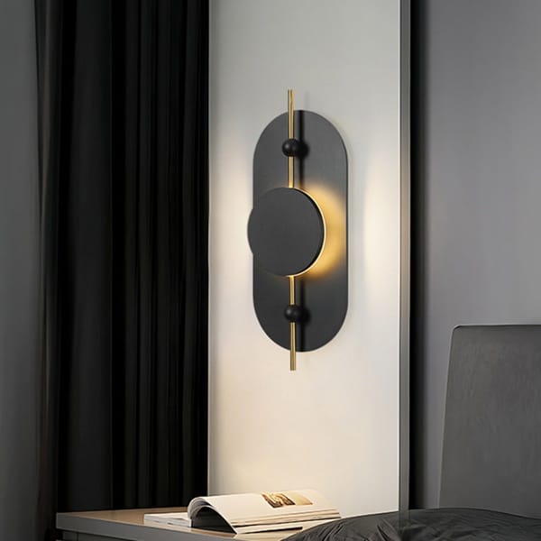 Ahşap daire LED aplik modeli, ceviz oval gövdeli gold çubuklu otel odası ve yatak başı aydınlatması