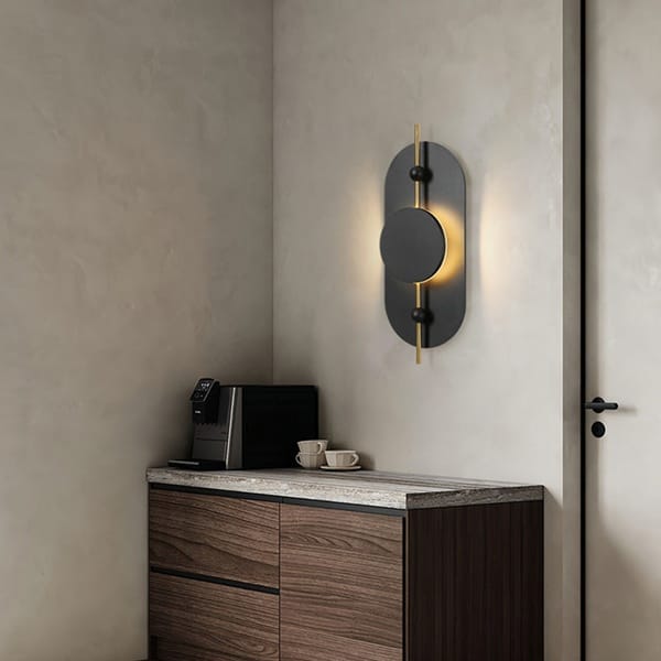 Ahşap daire LED aplik modeli, ceviz oval gövdeli gold çubuklu otel odası ve yatak başı aydınlatması