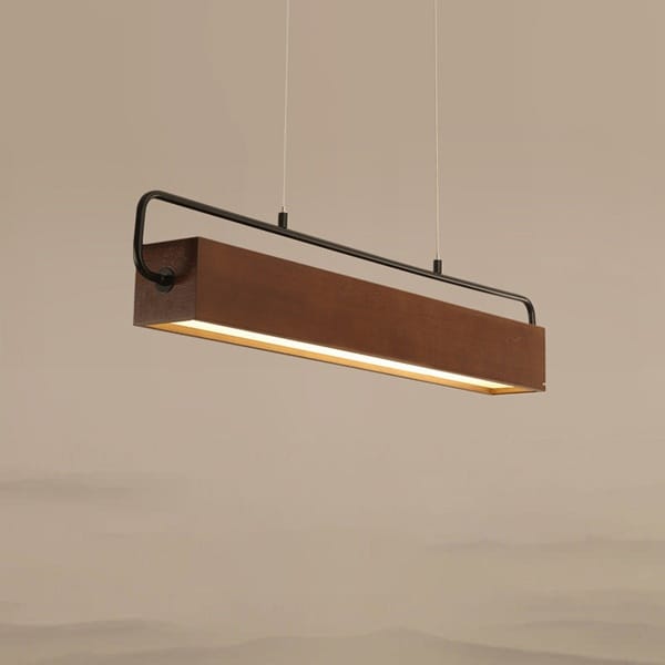 Ahşap linear LED sarkıt avize modeli, ceviz gövdeli uzun yemek masası ve toplantı odası aydınlatması