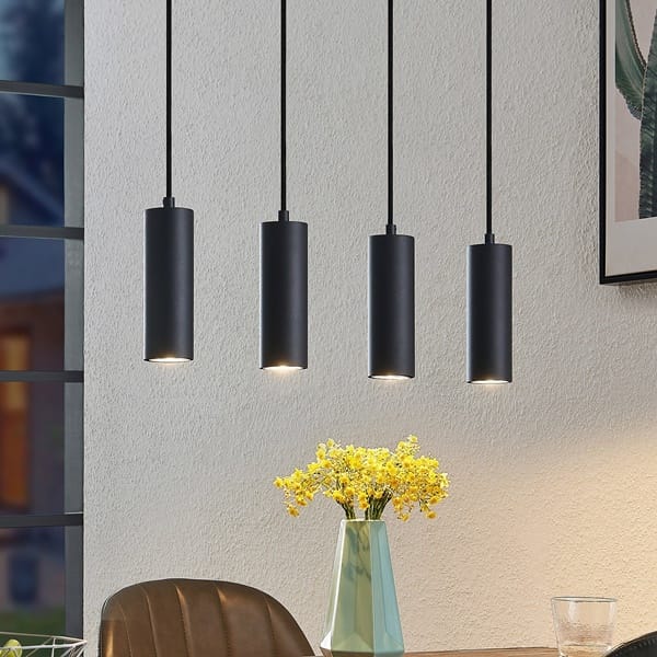 Ahşap tavan plakalı dört siyah tüp gövdeli kablo askılı modern spot sarkıt avize