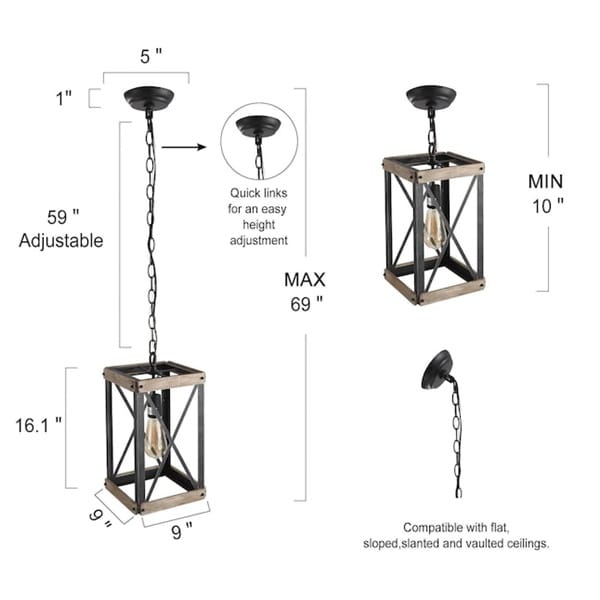 Ahşap sarkıt avize modeli, eskitme metal çapraz kafesi ve tek filament ampulüyle zincir askıda beyaz zeminde görünüyor