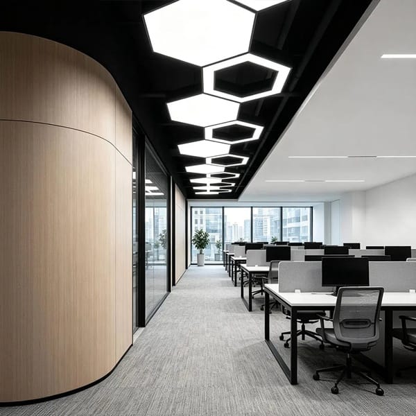 Beyaz ışıklı altıgen modüler LED avize, ofis tavanında petek dizilimli kurulum