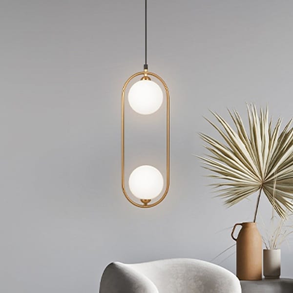 Gold oval halkalı çift küre camlı sarkıt avize, yatak başı ve salon modern aydınlatma