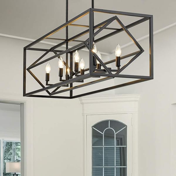 Siyah çapraz açılı kafes gövdeli sekiz mumluklu geometrik lineer avize