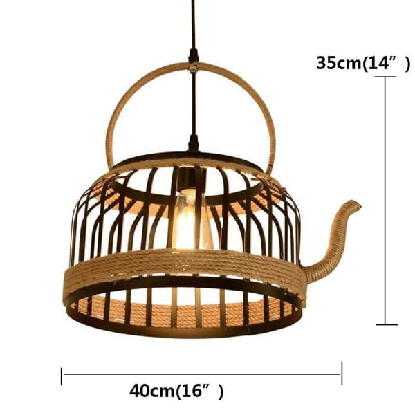 Demlik formlu halat sarkıt avize modeli, jüt sarımlı kafesli kafe ve çay ocağı aydınlatması