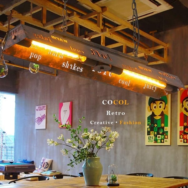 Eskitme bakır yazılı bar sarkıt modeli, uzun prizma gövdeli filament ampullü bar tezgâhı ve pub aydınlatması