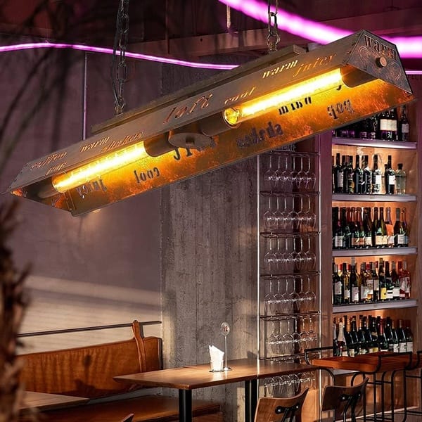 Eskitme bakır yazılı bar sarkıt modeli, uzun prizma gövdeli filament ampullü bar tezgâhı ve pub aydınlatması