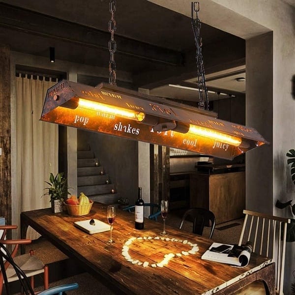 Eskitme bakır yazılı bar sarkıt modeli, uzun prizma gövdeli filament ampullü bar tezgâhı ve pub aydınlatması