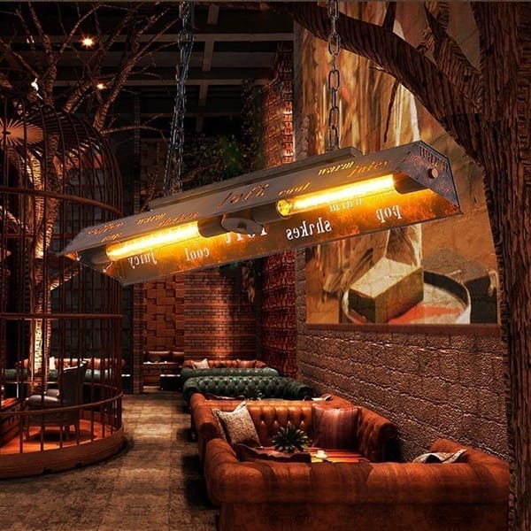 Eskitme bakır yazılı bar sarkıt modeli, uzun prizma gövdeli filament ampullü bar tezgâhı ve pub aydınlatması