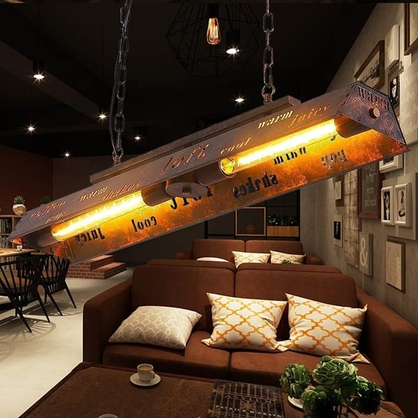 Eskitme bakır yazılı bar sarkıt modeli, uzun prizma gövdeli filament ampullü bar tezgâhı ve pub aydınlatması