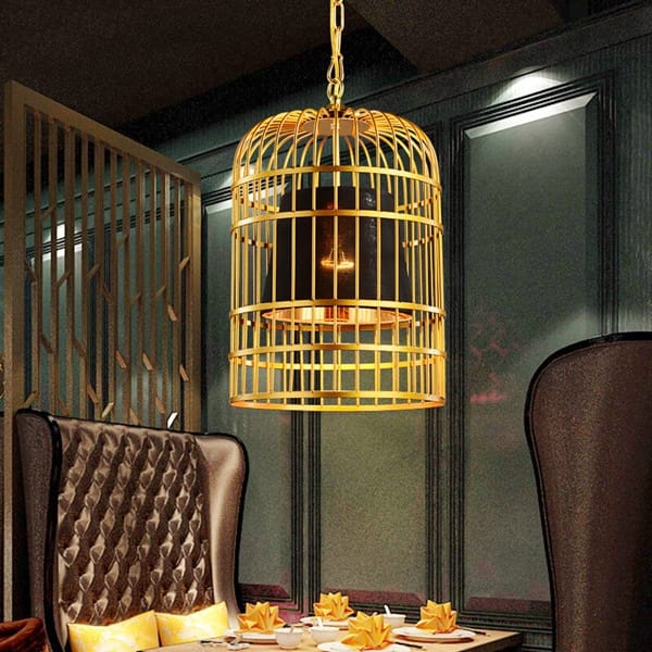 Gold kafes avize modeli, büyük boy altın renkli zincir askılı restoran ve otel lobisi aydınlatması