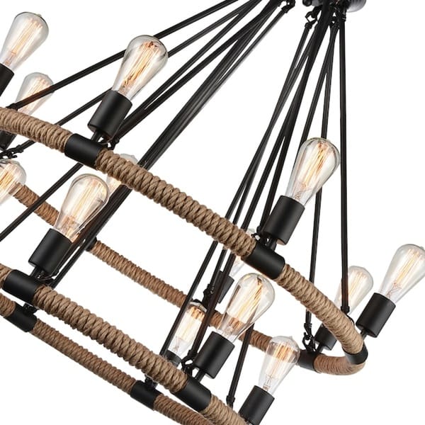 Siyah metal halat avize modeli, iki kademeli halkalarına sarılı doğal halatı ve 14 filament ampulüyle beyaz zeminde görünüyor