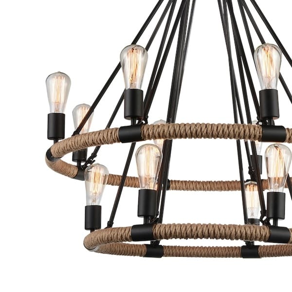 Siyah metal halat avize modeli, iki kademeli halkalarına sarılı doğal halatı ve 14 filament ampulüyle beyaz zeminde görünüyor