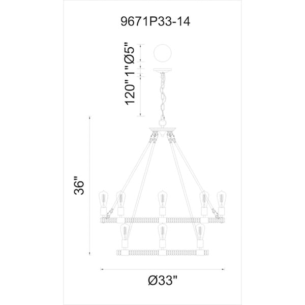 Siyah metal halat avize modeli, iki kademeli halkalarına sarılı doğal halatı ve 14 filament ampulüyle beyaz zeminde görünüyor