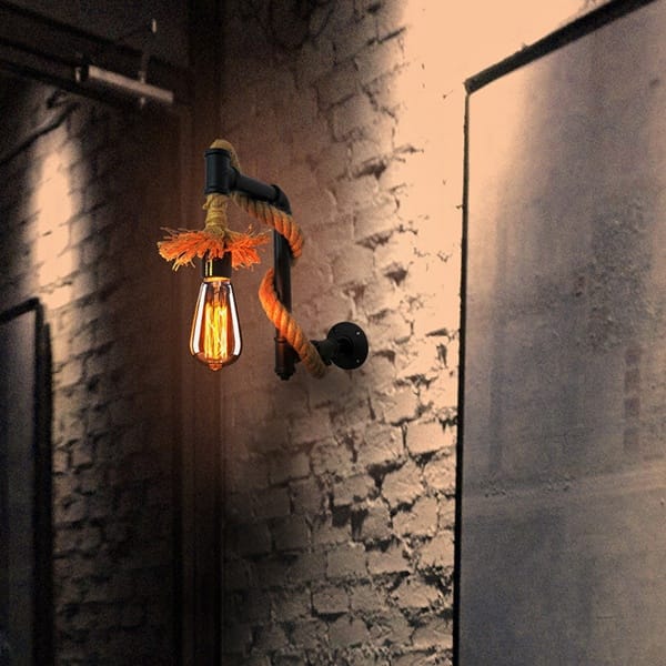 Halat dolamalı boru aplik modeli, siyah metal jüt püsküllü kafe duvarı ve sahil restoranı aydınlatması