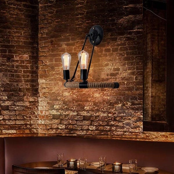 Halat sarımlı ikili aplik modeli, siyah metal jüt kaplı çift ampullü kafe duvarı ve bar aydınlatması