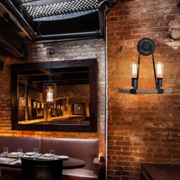 Halat sarımlı ikili aplik modeli, siyah metal jüt kaplı çift ampullü kafe duvarı ve bar aydınlatması