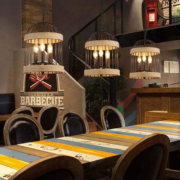 Halat sarımlı kafes avize modeli, mumluk duylu jüt bantlı restoran ve kafe salonu aydınlatması
