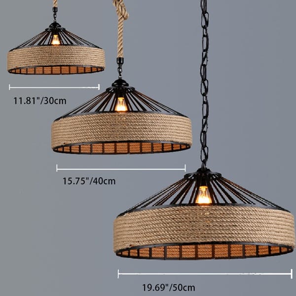 Halat sarımlı konik sarkıt avize modeli, siyah metal jüt kaplı kafe ve restoran masası aydınlatması