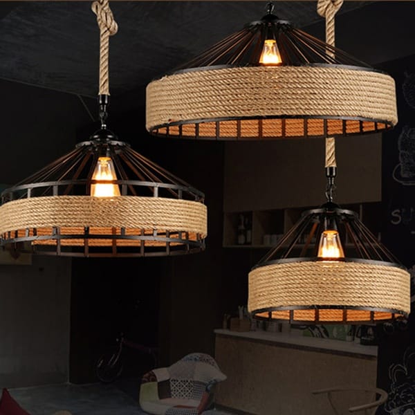 Halat sarımlı konik sarkıt avize modeli, siyah metal jüt kaplı kafe ve restoran masası aydınlatması