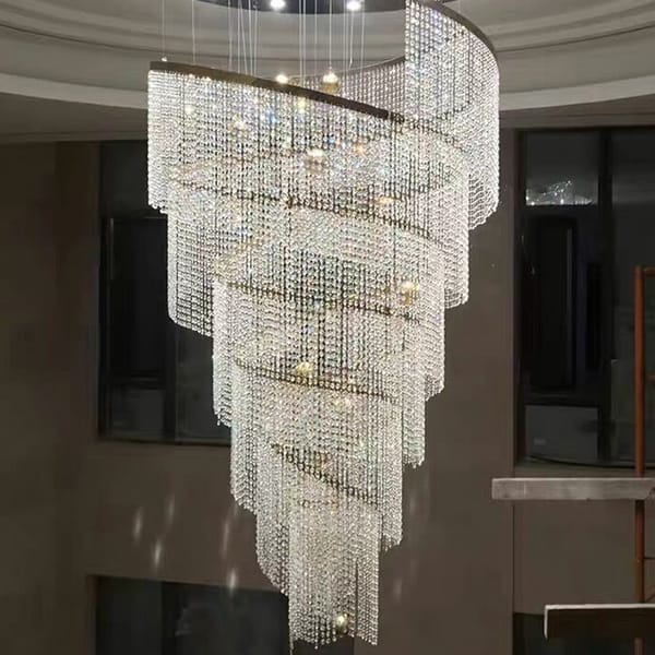 Helezon kristal avize modeli, sarmal krom bantlı uzun gövdeli düğün salonu aydınlatması