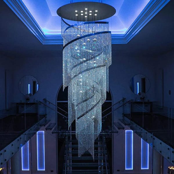 Helezon kristal avize modeli, sarmal krom bantlı uzun gövdeli düğün salonu aydınlatması