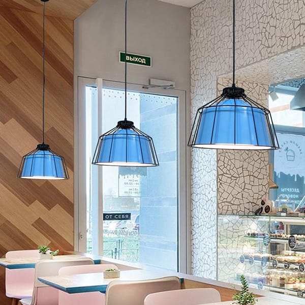 Kafes tel çerçeveli renkli sarkıt avize modeli, mavi metal gövdeli kafe ve pastane aydınlatması