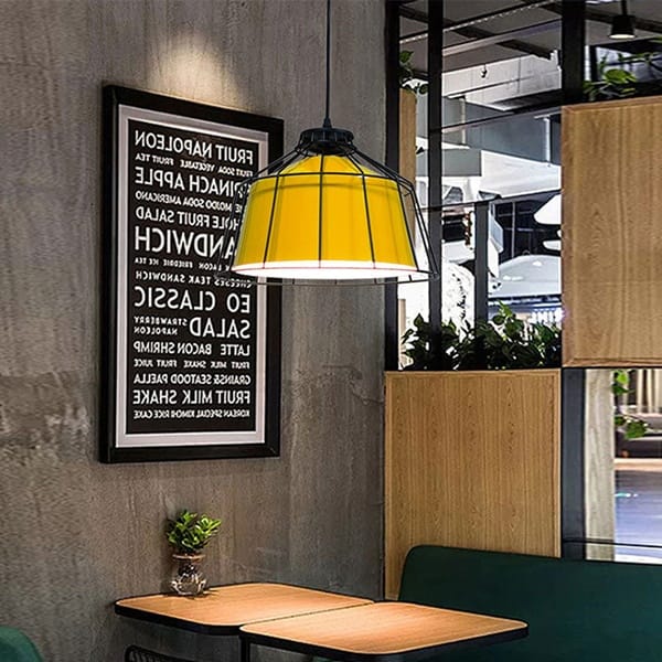 Kafes tel çerçeveli renkli sarkıt avize modeli, mavi metal gövdeli kafe ve pastane aydınlatması