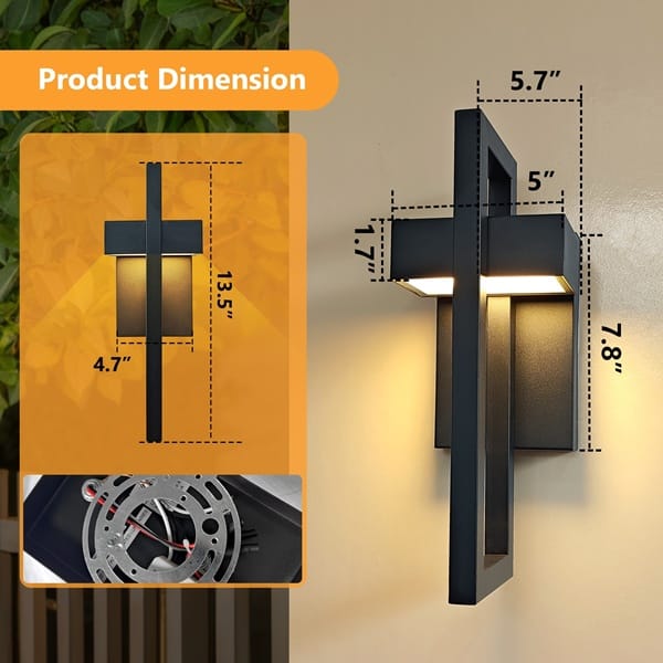 Tekstüre siyah LED dış mekan aplik modeli, kesişen geometrik çerçevesiyle bahçe duvarında yukarı ve aşağı sıcak ışık veriyor