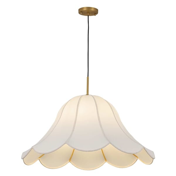 Bej kumaş kaplı papatya formlu sarkıt, dalgalı etekli yemek masası aydınlatması
