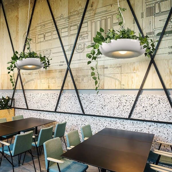 Saksılı sarkıt avize modeli, beyaz metal bitki hazneli kafe ve restoran salonu aydınlatması