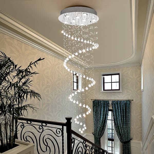 Spiral kristal avize, krom yuvarlak tablalı uzun sarkmalı merdiven boşluğu aydınlatması