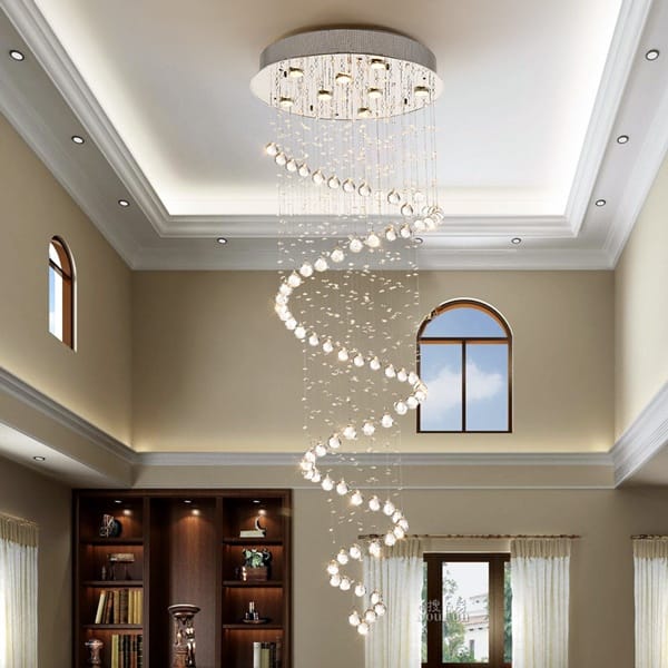 Spiral kristal avize, krom yuvarlak tablalı uzun sarkmalı merdiven boşluğu aydınlatması