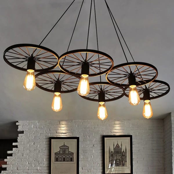 Tekerlek avize modeli, siyah metal çoklu jant formlu kafe ve restoran salonu aydınlatması