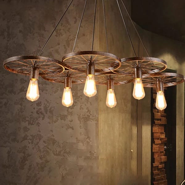 Tekerlek avize modeli, siyah metal çoklu jant formlu kafe ve restoran salonu aydınlatması