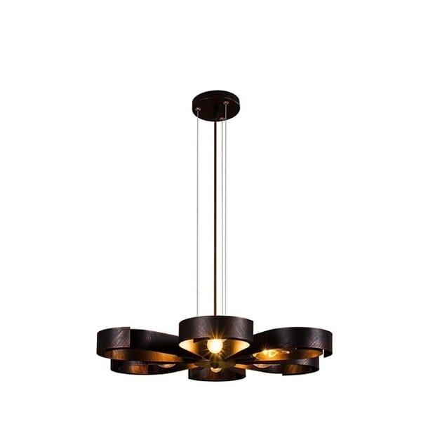 Bronz yaprak formlu LED avize, altı halkalı çiçek dizilimli sarkıt model