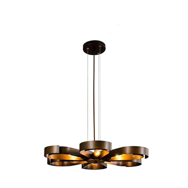 Bronz yaprak formlu LED avize, altı halkalı çiçek dizilimli sarkıt model