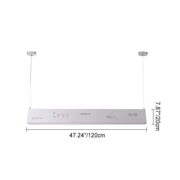 Yazı kesimli linear LED sarkıt avize modeli, uzun metal gövdeli kafe tezgâhı ve bar aydınlatması
