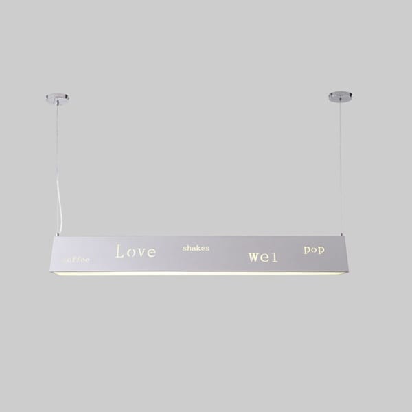 Yazı kesimli linear LED sarkıt avize modeli, uzun metal gövdeli kafe tezgâhı ve bar aydınlatması