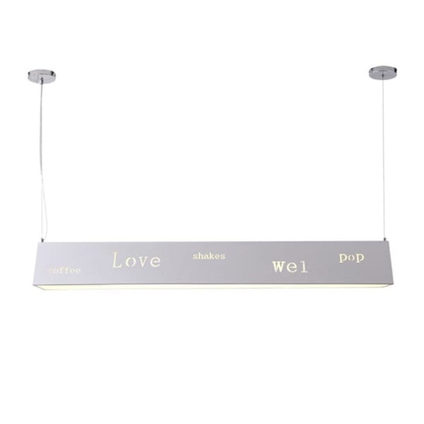 Yazı kesimli linear LED sarkıt avize modeli, uzun metal gövdeli kafe tezgâhı ve bar aydınlatması